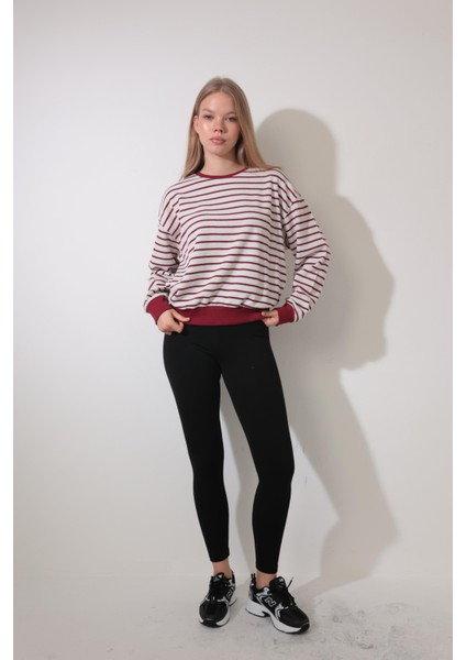 Bordo Çizgili Bisiklet Yaka Selanik Sweatshirt - 2433 fiyatları