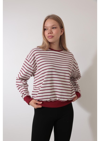 Bordo Çizgili Bisiklet Yaka Selanik Sweatshirt - 2433 modelleri