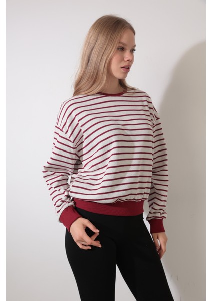 Bordo Çizgili Bisiklet Yaka Selanik Sweatshirt - 2433 indirimleri