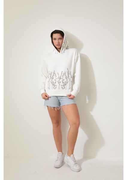 Ekru Önü ve Kapüşonu Dal Nakışlı Kapüşonlu Sweatshirt - 2429 fiyatları