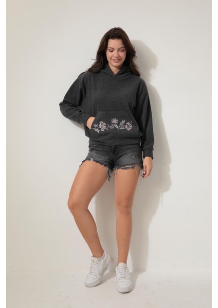 Antrasit Önü Kanaviçe Nakışlı Kanguru Cepli Kapüşonlu Selanik Sweatshirt - 2431