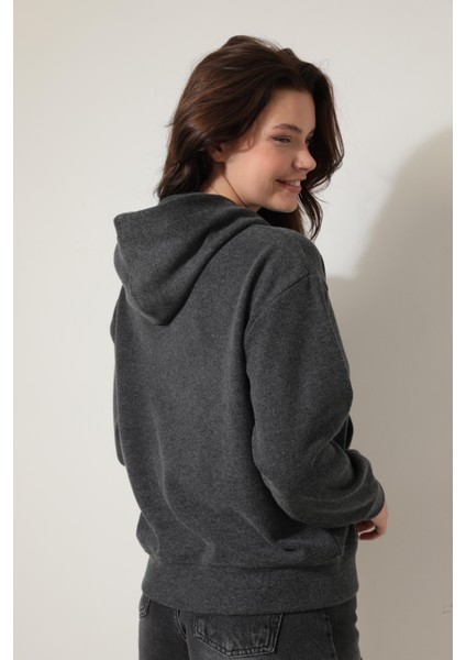 Antrasit Önü Kanaviçe Nakışlı Kanguru Cepli Kapüşonlu Selanik Sweatshirt - 2431