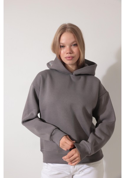 Antrasit Sırtı ve Kapüşonu Ankakuşu Nakış Işlemeli Kapüşonlu Sweatshirt - 2437