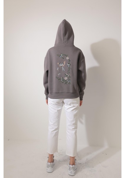 Antrasit Sırtı ve Kapüşonu Ankakuşu Nakış Işlemeli Kapüşonlu Sweatshirt - 2437