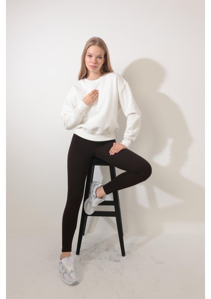 Ekru Sırtı Etnik Çiçek Nakış Işlemeli Bisiklet Yaka Sweatshirt - 2438 modelleri