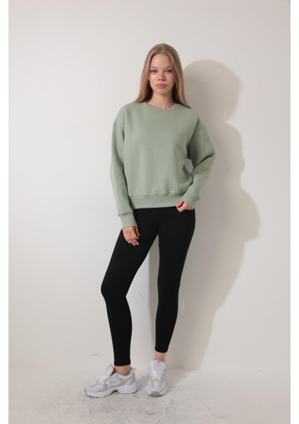 Yeşil Sırtı Etnik Çiçek Nakış Işlemeli Bisiklet Yaka Sweatshirt - 2438