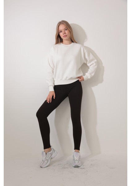 Ekru Arkası Gül Nakışlı Bisiklet Yaka Sweatshirt - 2432 modelleri