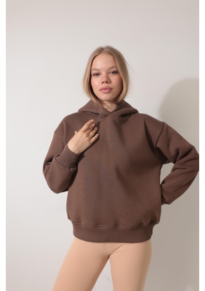 Kahverengi Sırtı Etnik Nakış Işlemeli Bisiklet Yaka Sweatshirt - 2435