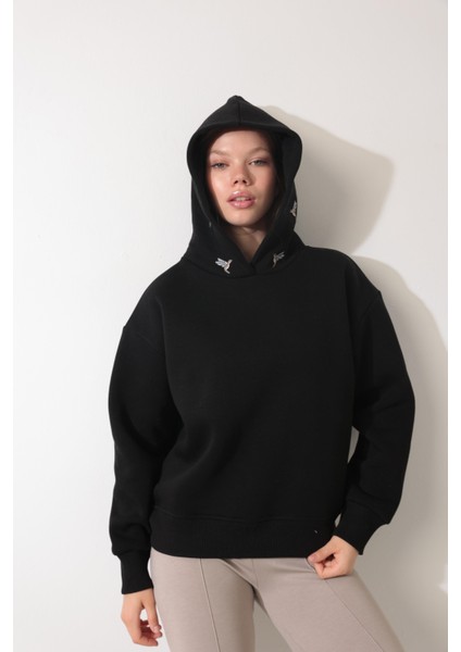 Siyah Sırtı ve Kapüşonu Ankakuşu Nakış Işlemeli Kapüşonlu Sweatshirt - 2437 fiyatları