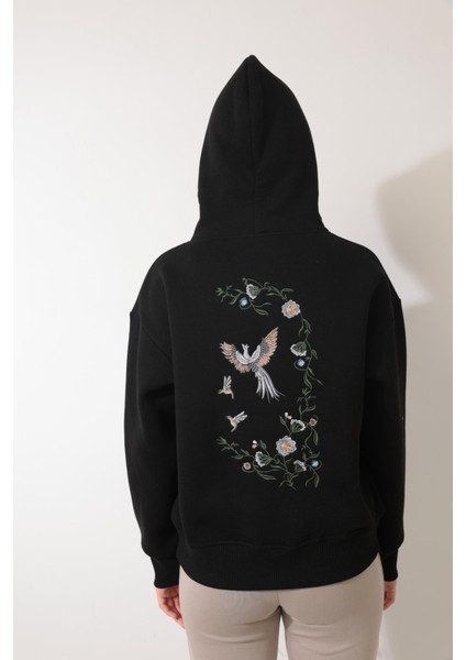 Siyah Sırtı ve Kapüşonu Ankakuşu Nakış Işlemeli Kapüşonlu Sweatshirt - 2437 fırsatları