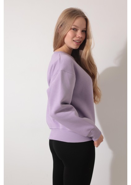 Lila Sırtı Etnik Çiçek Nakış Işlemeli Bisiklet Yaka Sweatshirt - 2438