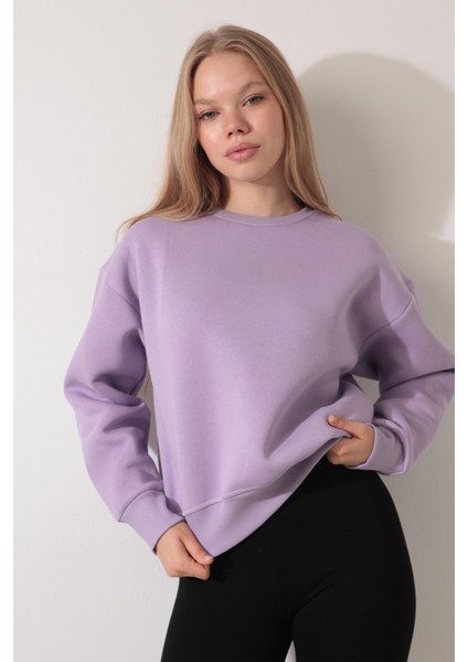 Lila Sırtı Etnik Çiçek Nakış Işlemeli Bisiklet Yaka Sweatshirt - 2438