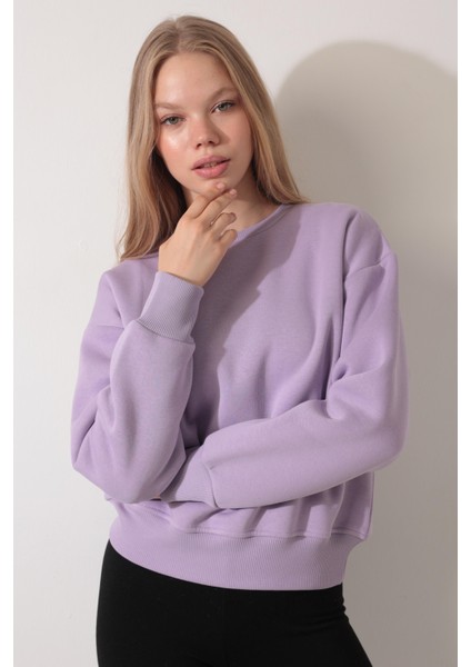 Lila Sırtı Etnik Çiçek Nakış Işlemeli Bisiklet Yaka Sweatshirt - 2438