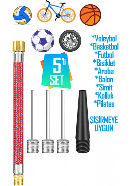 5'li Set Top Şişirme Iğnesi Seti Voleybol Basketbol Futbol Bisiklet Pilates Şişirme Seti