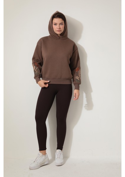 Kahverengi Kolları Başak Nakışlı Kapüşonlu Sweatshirt - 2428