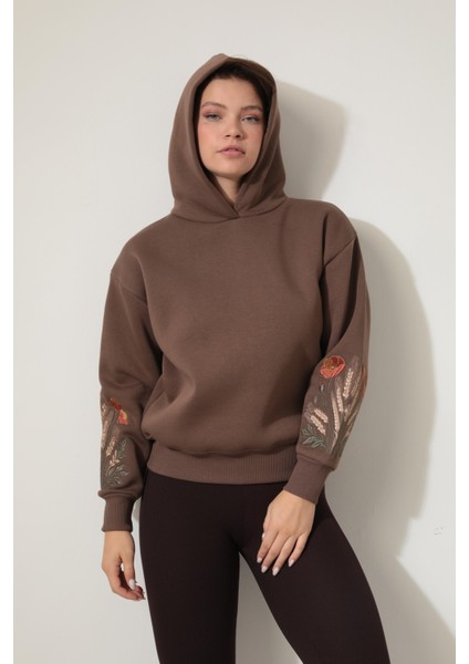 Kahverengi Kolları Başak Nakışlı Kapüşonlu Sweatshirt - 2428 fırsatları