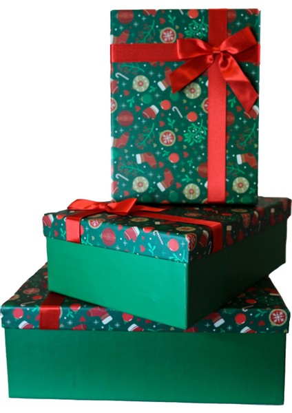 3'lü Yılbaşı Temalı Dekoratif Fiyonklu Hediye Kutusu Yeşil 35X25X13 cm Büyük Boy