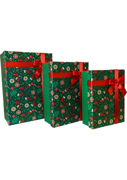 3'lü Yılbaşı Temalı Dekoratif Fiyonklu Hediye Kutusu Yeşil 35X25X13 cm Büyük Boy fiyatları