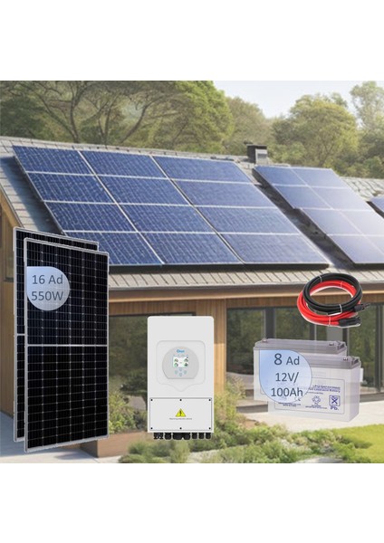 Güneş Enerji Paketi Full Villa Hibrit Şebeke+Akü 8800DC/8000AC Villa Bağ Evi Yazlık Çiftlik