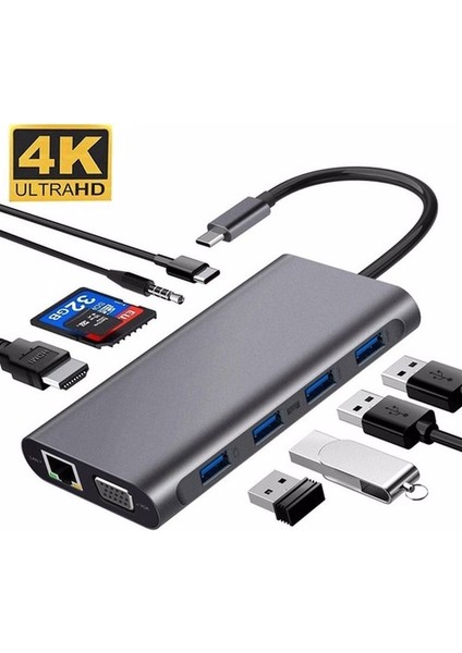 Macbook Uyumlu Type-C'den 4x USB 3.0 4K 1080P Hd HDMI VGA 1000 Mbps Gigabit RJ45 Pd Şarj Aux Ses Sd Tf Kart Destekli 11 In 1 Çevirici Hub Adaptör