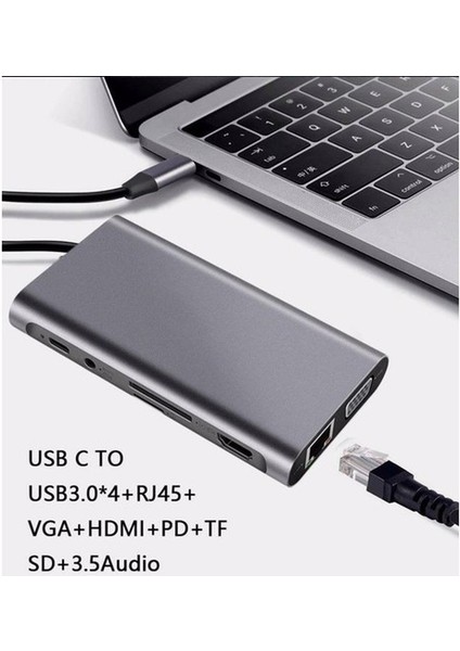 Macbook Uyumlu Type-C'den 4x USB 3.0 4K 1080P Hd HDMI VGA 1000 Mbps Gigabit RJ45 Pd Şarj Aux Ses Sd Tf Kart Destekli 11 In 1 Çevirici Hub Adaptör