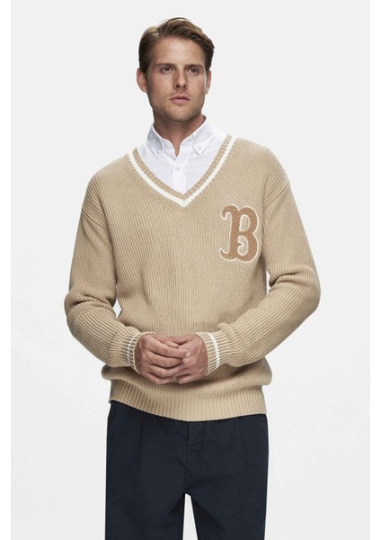 Heyoka Koyu Bej Bisiklet Yaka Nakışlı Loose Fit Erkek Triko