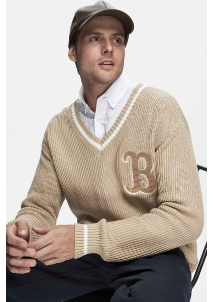 Heyoka Koyu Bej Bisiklet Yaka Nakışlı Loose Fit Erkek Triko fiyatları