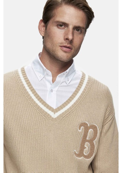 Heyoka Koyu Bej Bisiklet Yaka Nakışlı Loose Fit Erkek Triko modelleri