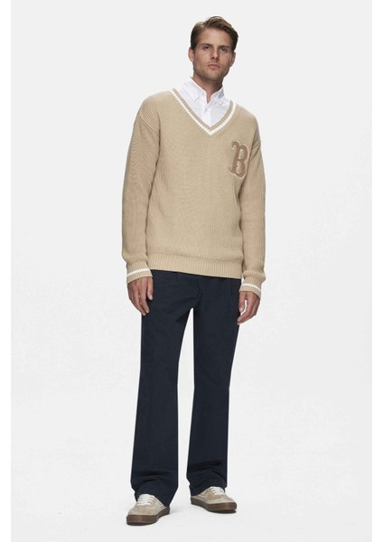 Heyoka Koyu Bej Bisiklet Yaka Nakışlı Loose Fit Erkek Triko fırsatları