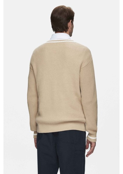 Heyoka Koyu Bej Bisiklet Yaka Nakışlı Loose Fit Erkek Triko indirimleri