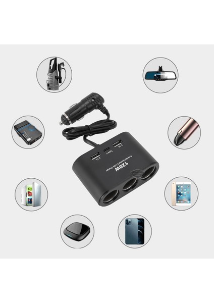 Üniversal 3 Lü Çakmak Soketi 120W Çakmaklık Çoğaltıcı 2 USB 1 Type-C Araç Şarj Cihazı Çakmaklık Şarj Çakmak Çoklayıcı 12V/24V