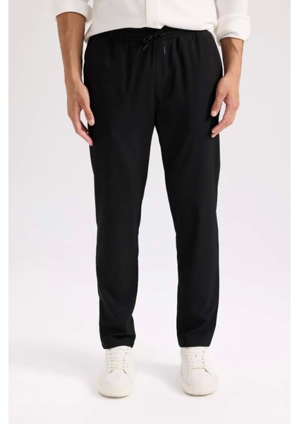 Basic Düz Beli Lastikli Bağcıklı Cepli Jogger Düz Paça Siyah Pantolon D8640AX24AU