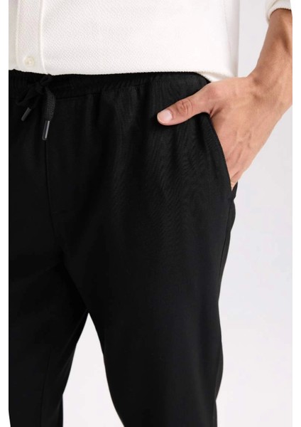 Basic Düz Beli Lastikli Bağcıklı Cepli Jogger Düz Paça Siyah Pantolon D8640AX24AU