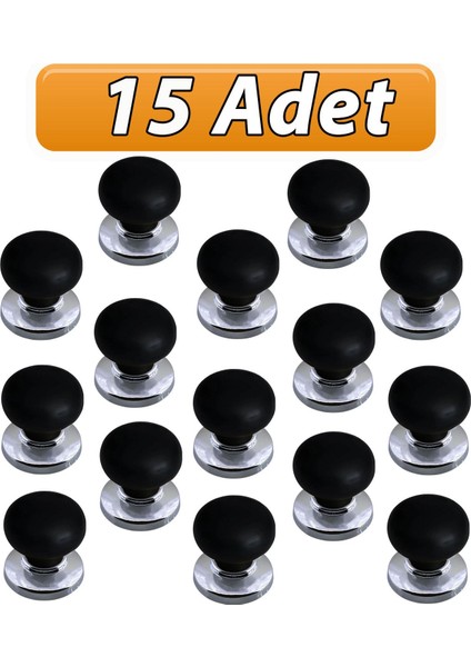 15 Adet Petunya Kulp Siyah Polimer Düğme Kulp Krom Tablalı Mobilya Mutfak Dolabı Çekmece Kulbu