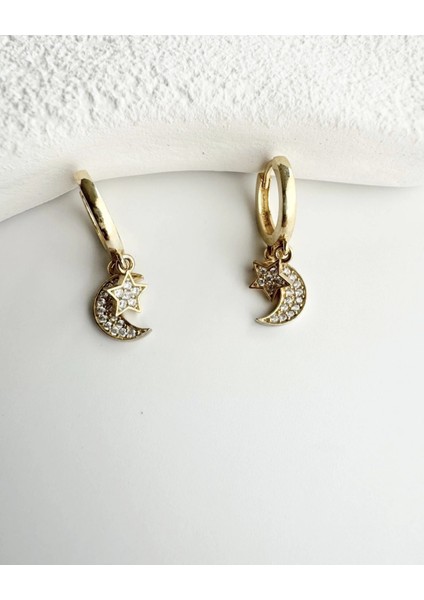 Ay ve Yıldız Minimal Gold 925 Ayar Gümüş Küpe