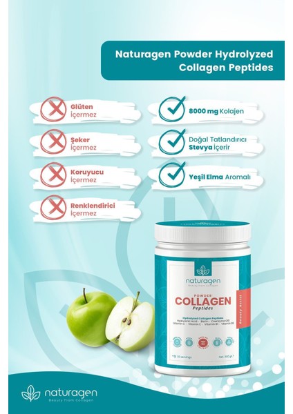 Kolajen Powder Yeşil Elma Aromalı 300 Gr(Tip 1 ,tip 3 8.000 Mg Collagen Hyaluronik Asit,vitamin C) MRKNTG0040, One Size