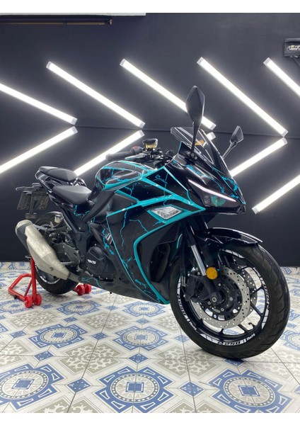 Rks R250 Şimşek Desen Kaplama Motosiklet Sticker Etiket Modeli - Mavi