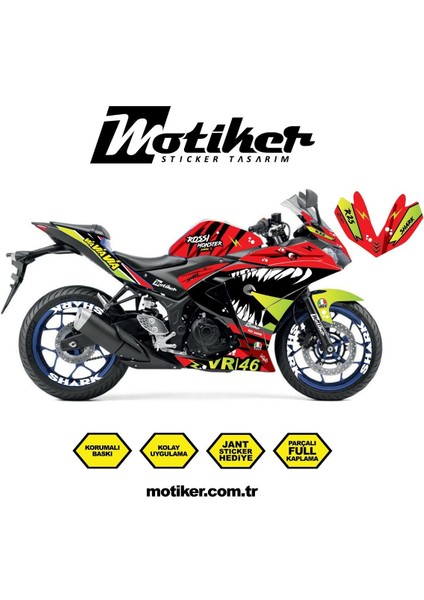 Yzf R25 Rossi Köpek Balığı Shark Sticker Etiket Kaplama Modeli Kırmızı