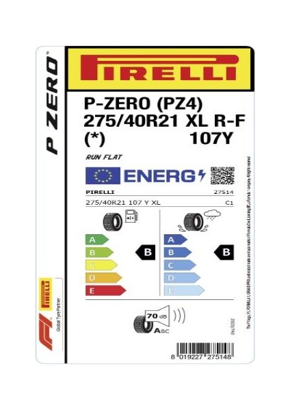 275/40 R21 107Y Xl R-F P-Zero (*) (Pz4) Oto Yaz Lastiği (Üretim Yılı : 2023)