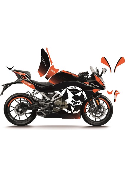 Cfmoto 250SR Turuncu Punısher Model Parçalı Motosıklet Kaplama Stıcker Etıket Modelı