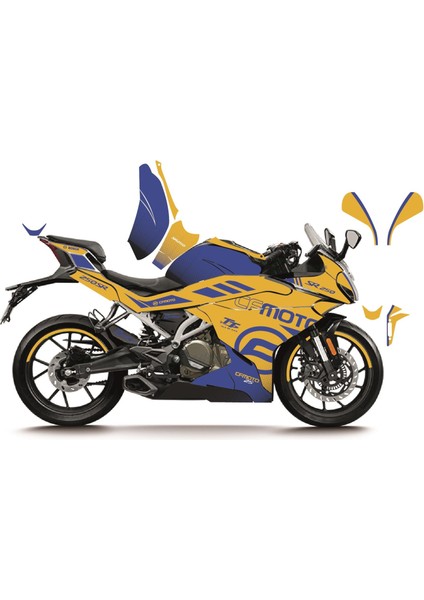 Cfmoto 250SR "sarı - Lacivert" racıng (Fb) model Parçalı Motosıklet Kaplama Stıcker Etıket Modelı
