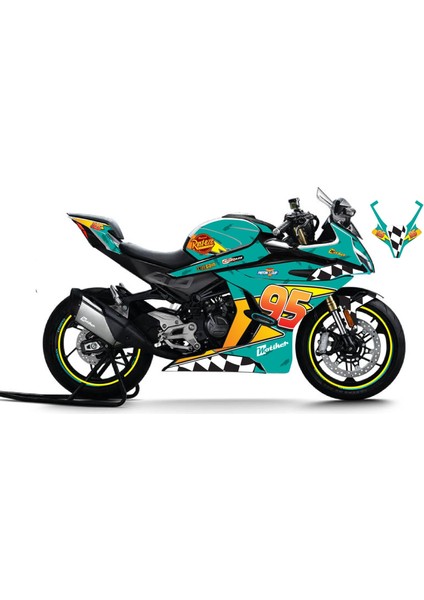 Cfmoto 450SR Mcqueen Turkuaz Sticker Parçalı Motosiklet Kaplama Etiket Modeli