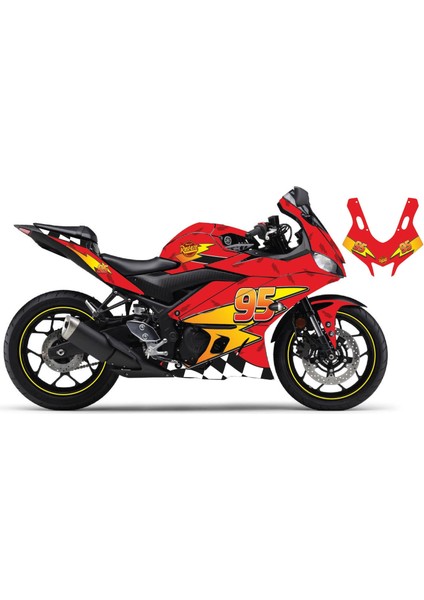 Motiker Yamaha YZF-R25 2019-2024 Mcqueen Kırmızı Sticker Parçalı Motosiklet Kaplama Etiket Modeli