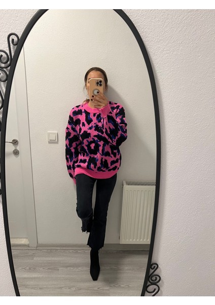 Miyu Kadın Leopar Fuşya Kazak