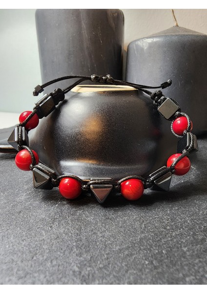 Kırmızı Mercan ve Hematit Orjinal Doğal Taş Kadın ve Erkek Ayarlanabilir Bileklik