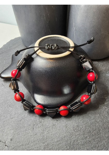 Kırmızı Mercan ve Hematit Orjinal Doğal Taş Kadın ve Erkek Ayarlanabilir Bileklik fiyatları