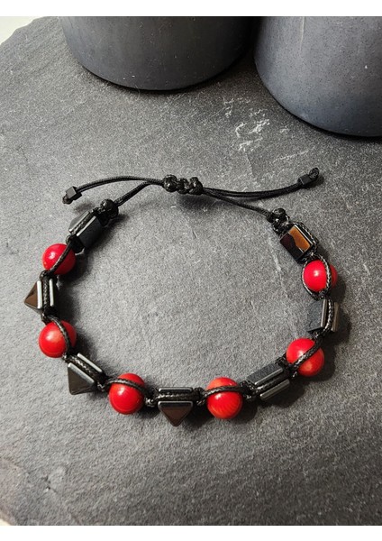 Kırmızı Mercan ve Hematit Orjinal Doğal Taş Kadın ve Erkek Ayarlanabilir Bileklik modelleri