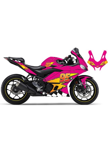 Motiker Yamaha YZF-R25 2019-2024 Mcqueen Pembe Sticker Parçalı Motosiklet Kaplama Etiket Modeli