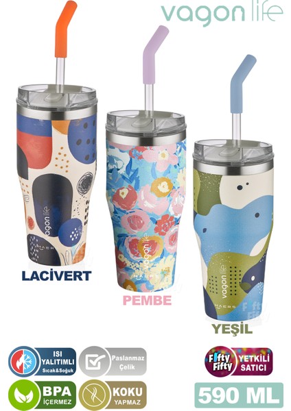 Tumbler Özel Desenli Cup 590 ml Vakumlu Paslanmaz Çelik Termos Pipetli/rahat Içim -FFVGN1001-590ML indirimleri