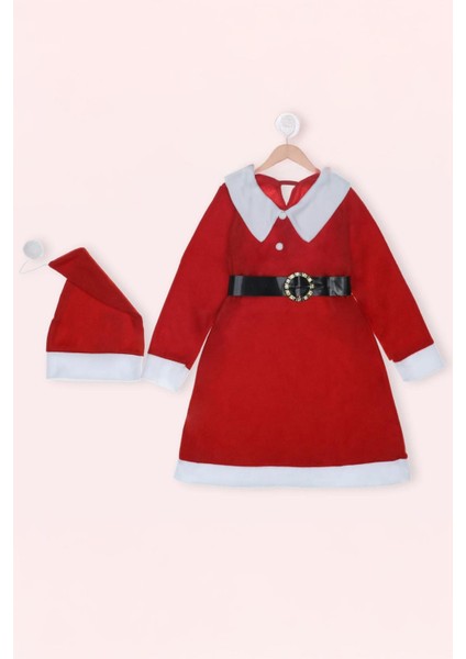 Kız Çocuk Kırmızı Noel Elbise Kemer Şapka 1-3 Yaş